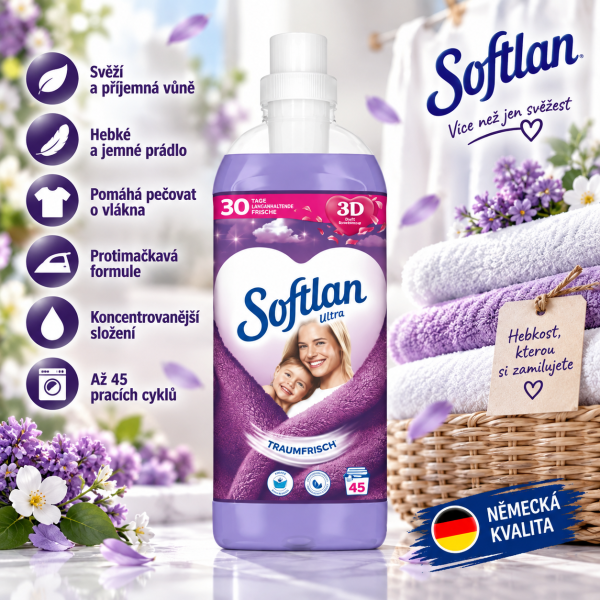 Softlan Ultra 3D Svěží sen aviváž – 1 l, 45 pracích cyklů